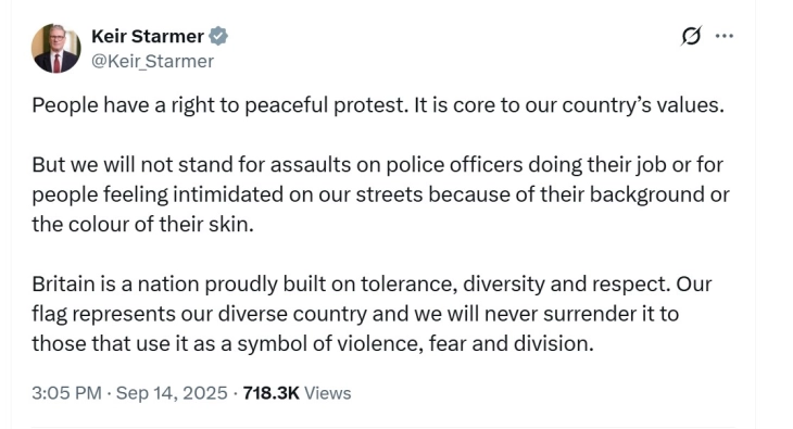 Стармер: Луѓето имаат право на мирен протест