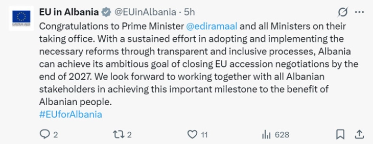 ЕУ со честитка до Рама за четвртиот мандат: Албанија може да ги заврши преговорите во 2027 година