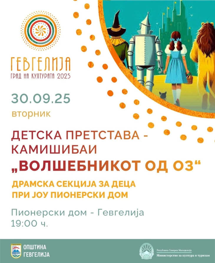 Со детската претстава „Волшебникот од Оз“ завршува програмата за септември на „Гевгелија град на културата 2025“