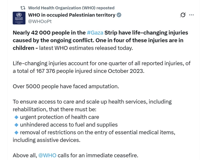 СЗО: Околу 42.000 повредени во Појасот Газа имаат некаков инвалидитет