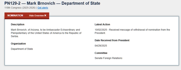 Белата куќа ја повлече номинацијата на Марк Брновиќ за амбасадор во Србија