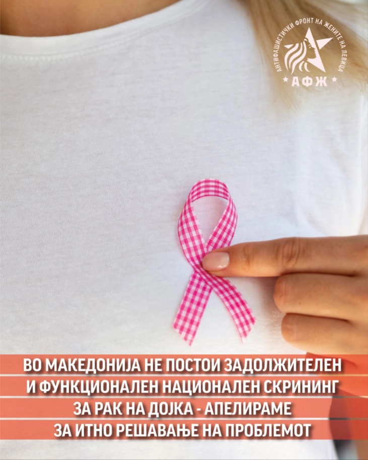 АФЖ Левица: Во Македонија не постои задолжителен и функционален национален скрининг за рак на дојка - апелираме за итно решавање на проблемот 