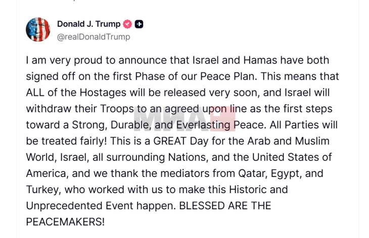 Izraeli dhe Hamasi u dakorduan për fazën e parë të planit të paqes të Trampit për Gazën