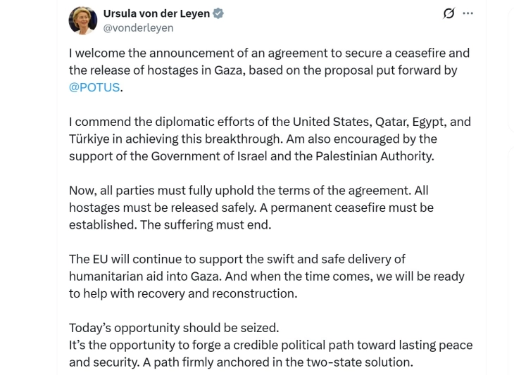 Фон Дер Лајен го поздрави договорот за Газа