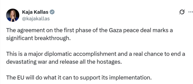 Калас го поздрави договорот за Газа