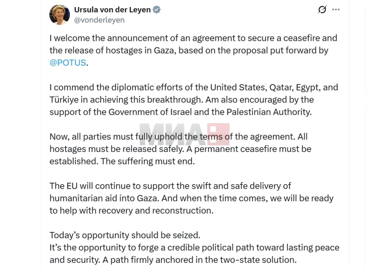 Fon Der Lajen mirëpriti marrëveshjen për Gazën