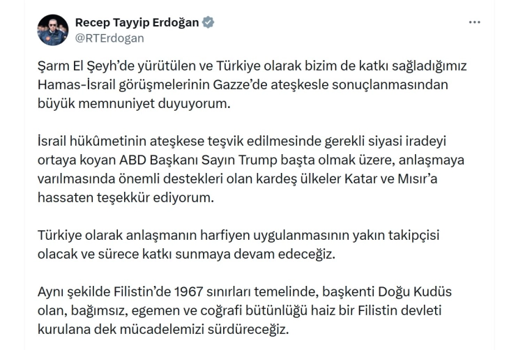 Erdogani e përshëndeti marrëveshjen për armëpushim në Gaza