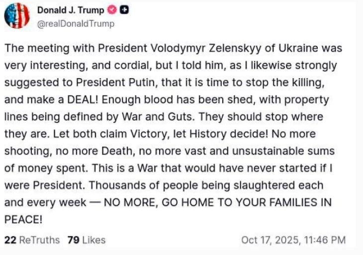 Трамп: Нека Зеленски и Путин прогласат победа, нека одлучи историјата