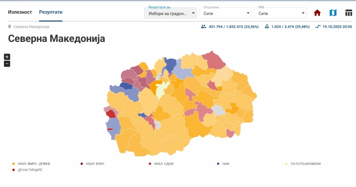 Rezultatet e para të KSHZ-së: VMRO-DPMNE prin në 52 komuna, VLEN në nëntë, LSDM në shtatë, AKI në gjashtë, ndërsa PDT në një