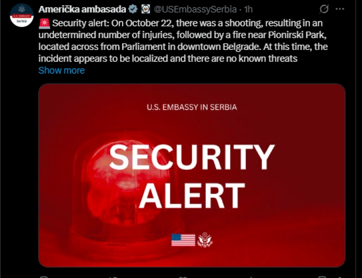 Американската амбасада издаде безбедносно предупредување поради инцидентот пред српскиот парламент