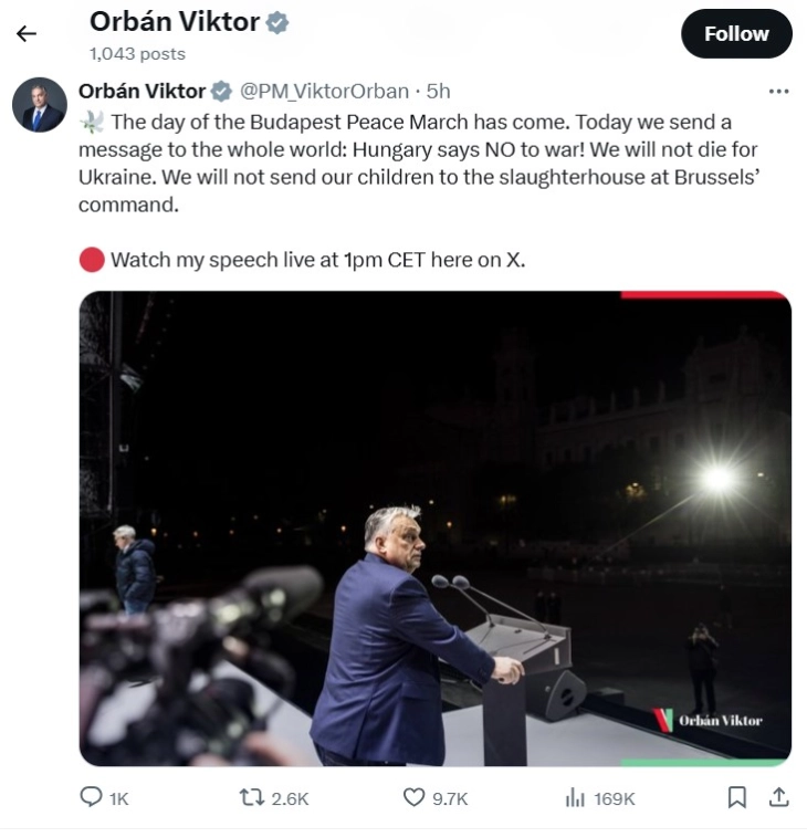 Фидес одржува „Марш на мирот“ во Будимпешта; Орбан порача „нема да гинеме за Украина“