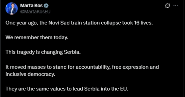 Marta Kos: Tragjedia në Novi-Sad po e ndryshon Serbinë