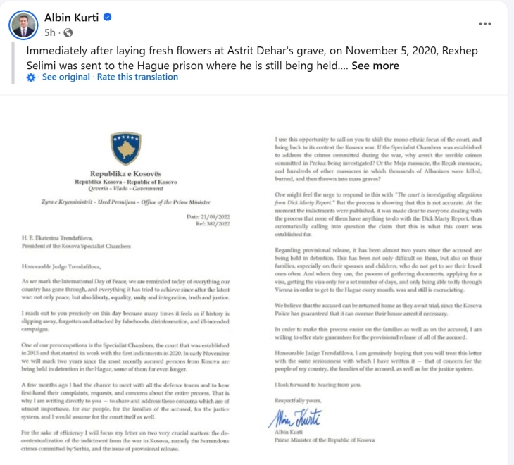 Курти тврди дека нема правни причини поранешните водачи на ОВК да останат во притвор во Хаг