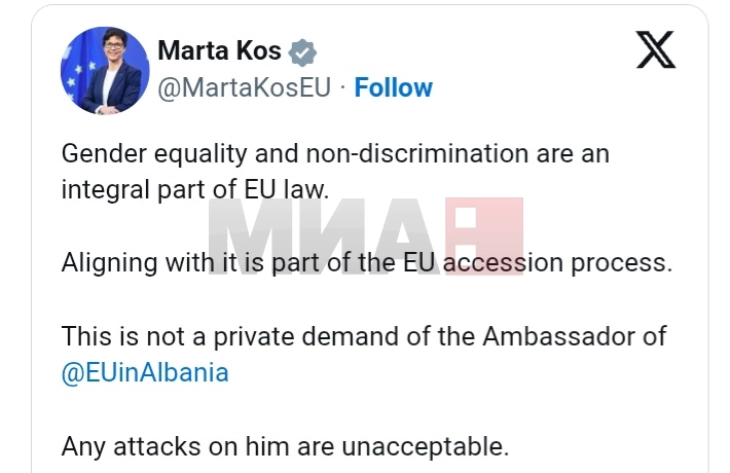 Kos: Barazia gjinore është pjesë integrale e ligjit të BE-së, sulmi ndaj Gonzatos është i papranueshëm