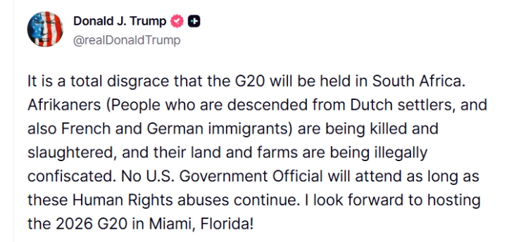 Трамп вели дека ниту еден американски претставник нема да патува на самитот Г20 во Јужна Африка