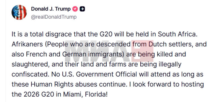 Tramp thotë se asnjë përfaqësues amerikan nuk do të udhëtojë në samitin e G20 në Afrikën e Jugut