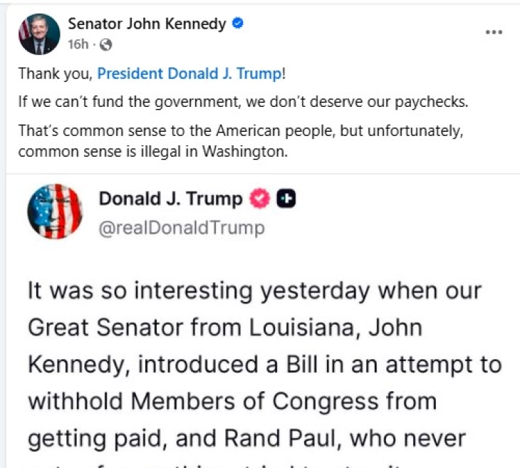 „Не заслужуваме плата“ - Сенаторот Џон Кенеди јавно го поддржа Трамп во критиките кон Ранд Пол