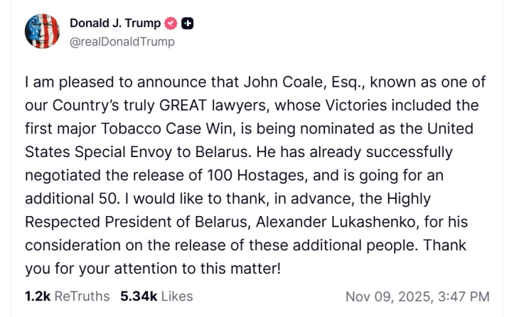 Џон Коул кандидат за специјален пратеник на САД во Белорусија