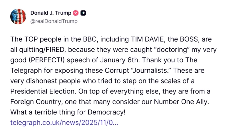 Трамп ги оцени новинарите на Би-Би-Си како корумпирани поради спорната монтажа на неговиот говор