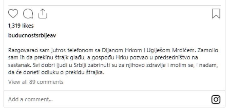 Вучиќ во објава на Инстаграм тврди дека разговарал со Дијана Хрка