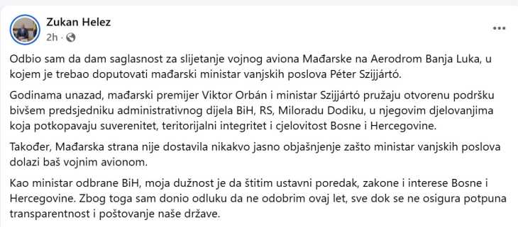 Босанскиот министер за одбрана не дал согласност за слетување на воениот авион со кој Сијарто требало да допатува во Бања Лука