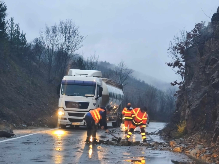 Се чистат одрони на патот Делчево - М.Каменица