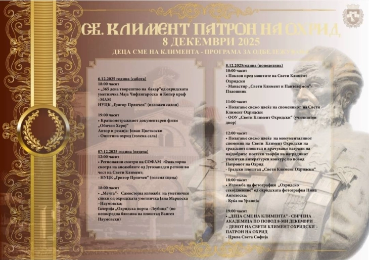 Со низа манифестации Охрид ќе го одбележи 8 Декември - Свети Климент Охридски патрон на градот