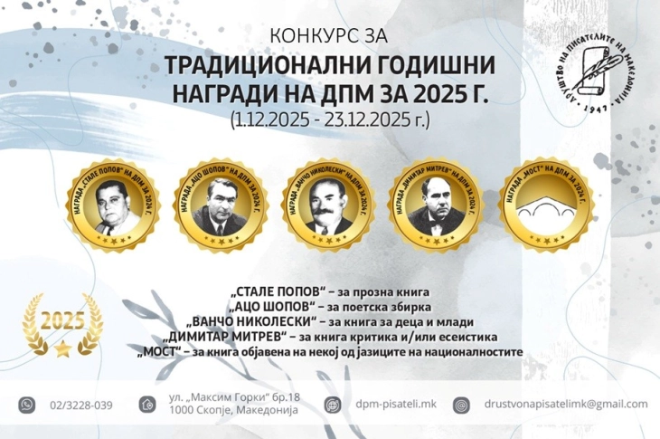 ДПМ распиша конкурс за традиционалните годишни награди за 2025 година