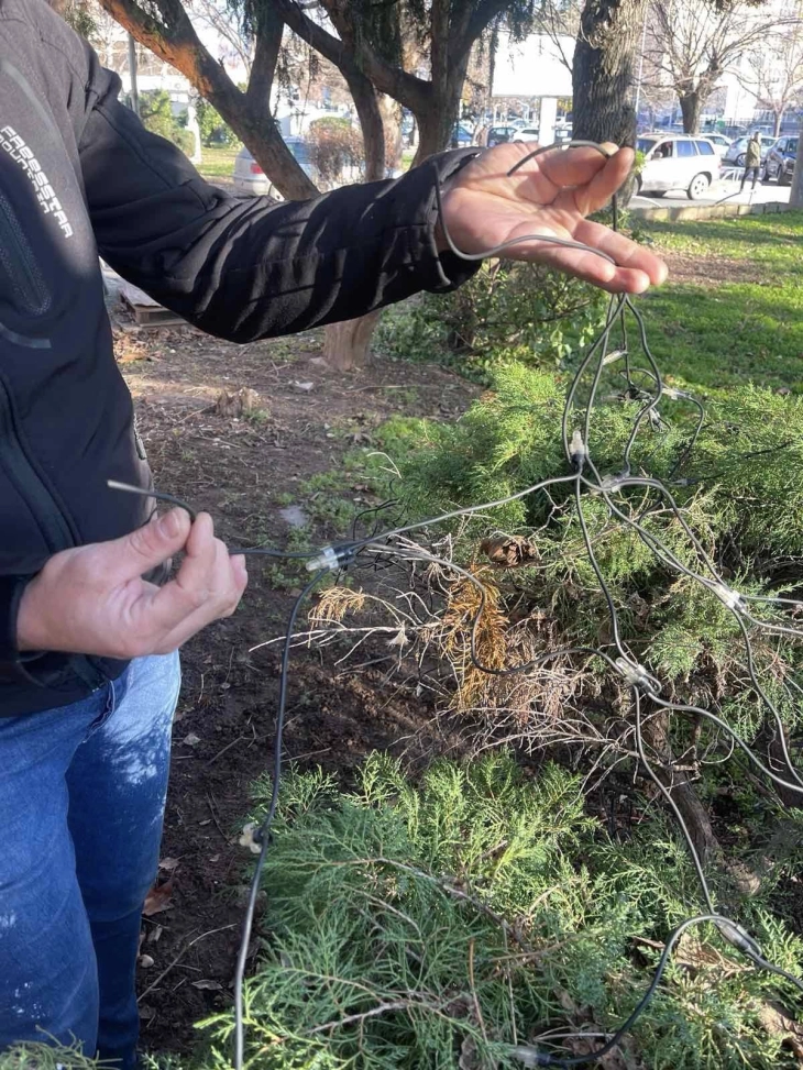 Вандалски чин во центарот на Штип, оштетна урбана опрема и новогодишни декорации