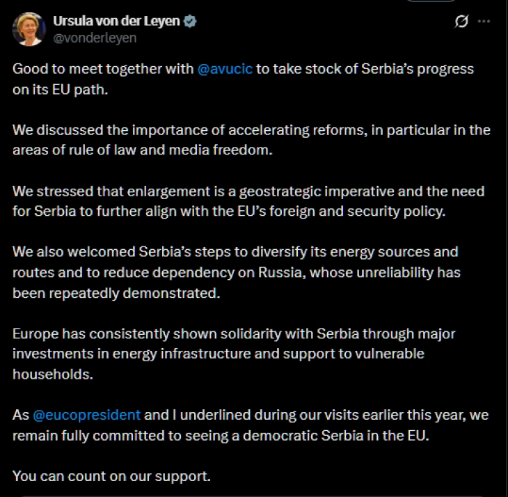 Фон дер Лајен и Кошта по средбата со Вучиќ: Сакаме да видиме демократска Србија во ЕУ