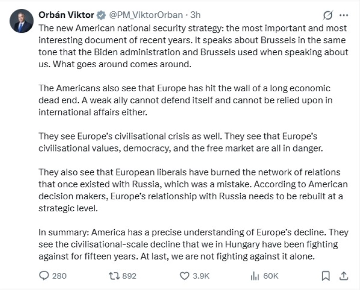 Орбан: Новата американска национална стратегија покажа дека Европа е во фаза на распаѓање