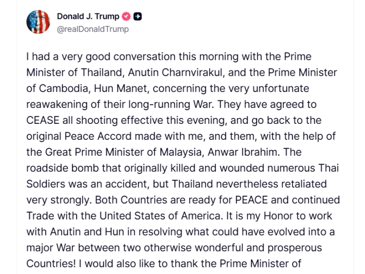 Трамп: Камбоџа и Тајланд се подготвени да го обноват примирјето