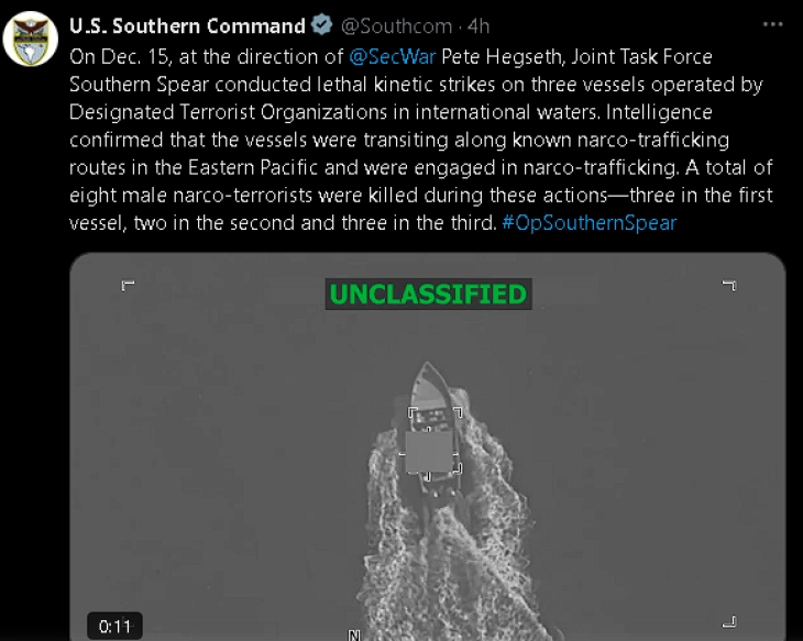 САД: Осуммина убиени во нови напади врз сомнителни бродови за дрога