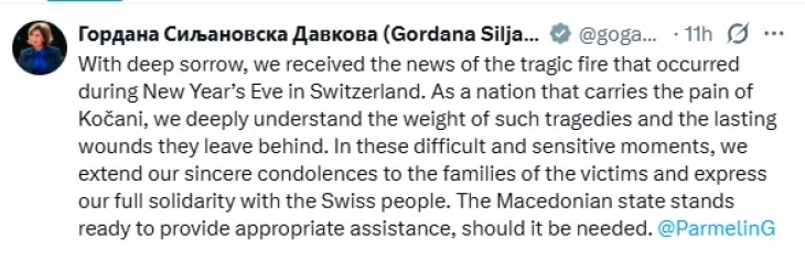 Пораки за сочувство до Швајцарија од земјите во регионот по трагедијата во Кран-Монтана