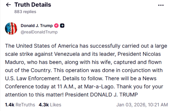 Трамп објави дека Мадуро бил заробен и однесен од Венецуела