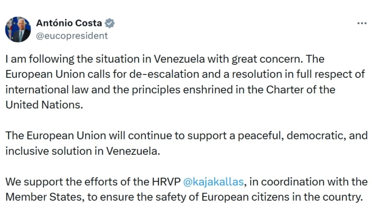 Кошта и Фон дер Лајен повикаа на мирно и демократско решение во Венецуела