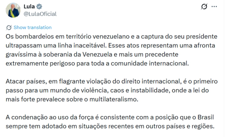 Бразилскиот претседател Лула го осуди американскиот напад врз Венецуела