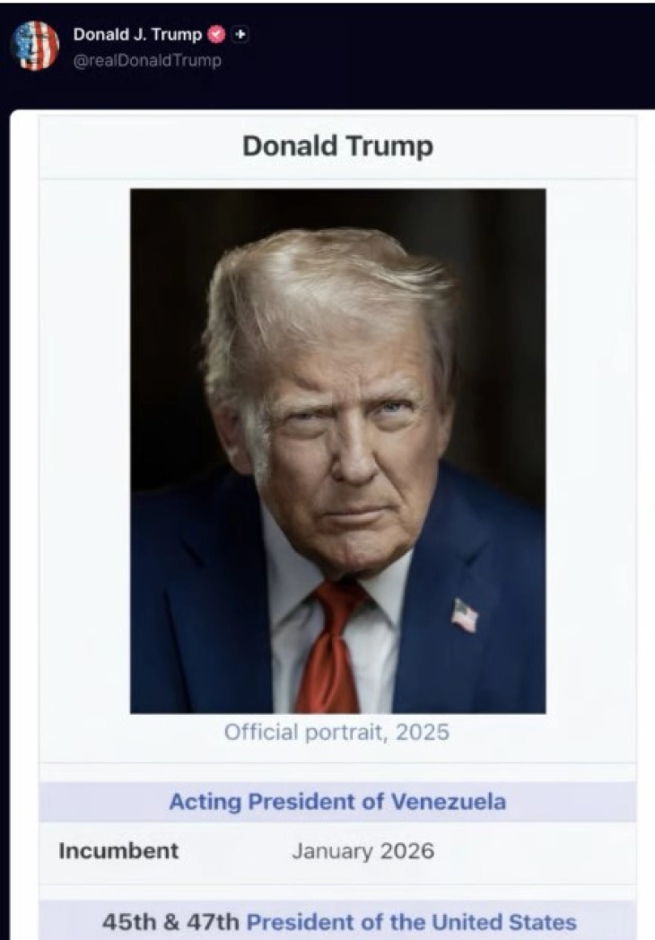 Трамп на „Truth Soсial“ се претстави како американски и в.д. претседател на Венецуела