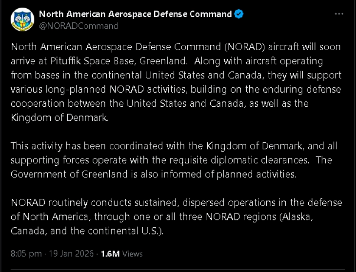 НОРАД најавува испраќање на своите авиони во база во Гренланд