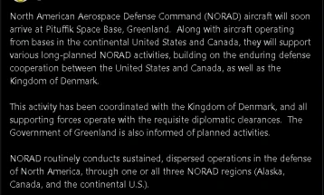 NORAD paralajmëron dërgimin e aeroplanëve të saj në bazën në Grenlandë