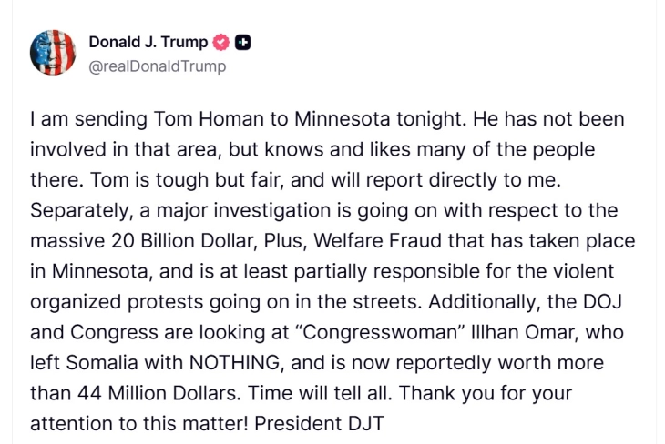 Трамп соопшти дека го испраќа својот специјален претставник за контрола на имиграцијата во Минесота