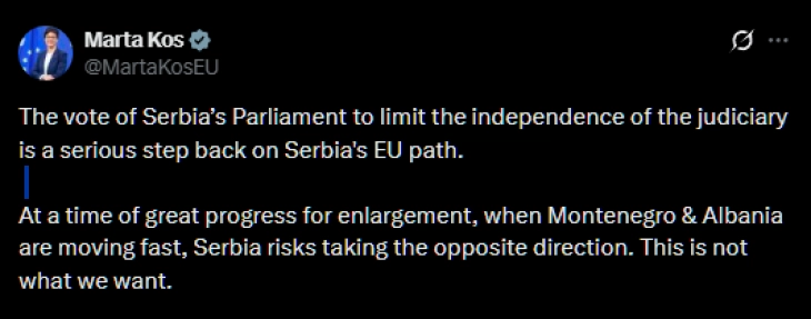 Кос: Усвоените закони ја ограничуваат независноста на судството во Србија, тоа е сериозен чекор назад на европскиот пат