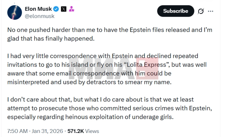 Reagimi i Mask ndaj publikimit të dokumenteve të Epstin që përmendin emrin e tij