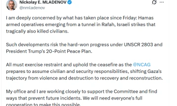 Шефот на Одборот за мир на Трамп, Николај Младенов, повика на почитување на примирјето во Газа