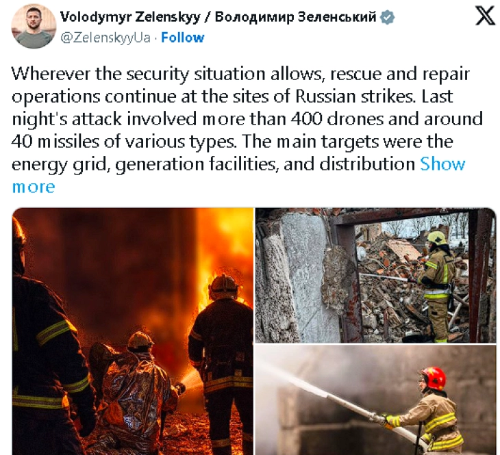 Zelenski: Rusia e sulmoi Ukrainën me 400 dronë dhe 40 raketa