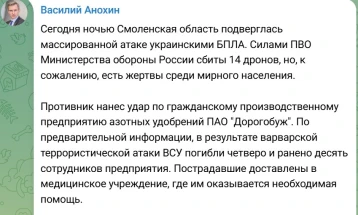 Четири лица загинаа во украински напад со дронови врз фабрика за ѓубрива во руската Смоленска област