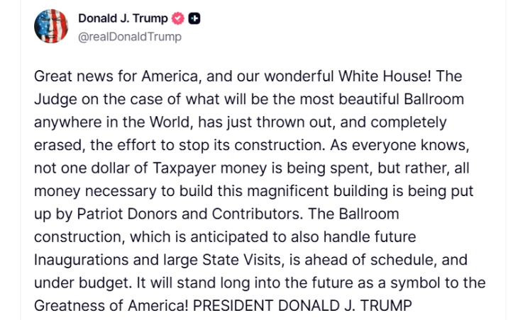 Суд одби барање да се запре проектот на Трамп за сала за бал во Белата куќа