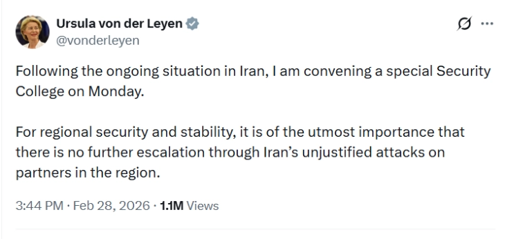 Фон дер Лајен поради ситуацијата во Иран за понеделник свика состанок за безбедност