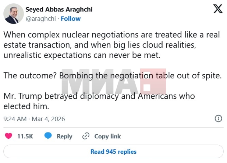 Aragçi: Tramp tradhtoi diplomacinë - bombardoi tryezën e negociatave nga inati