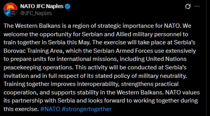 НАТО најави воена вежба со војската на Србија во мај